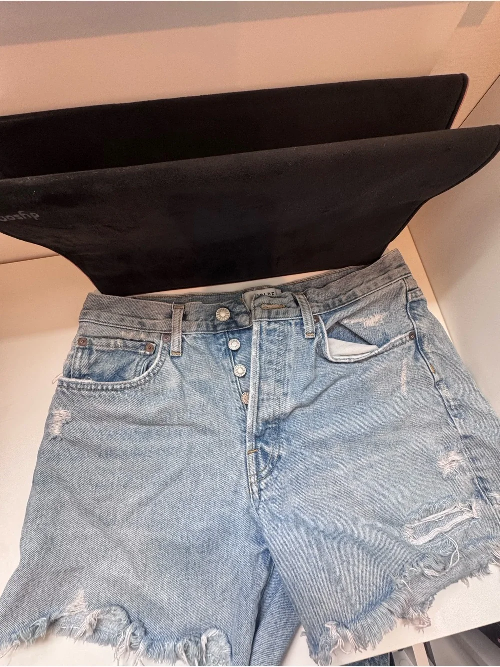 Agolde Light Blue Distressed High-Rise Denim Shorts- Parker Long